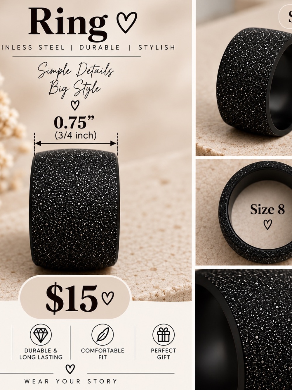 Black Sparkle Stainless Steel Ring - Size 8 by